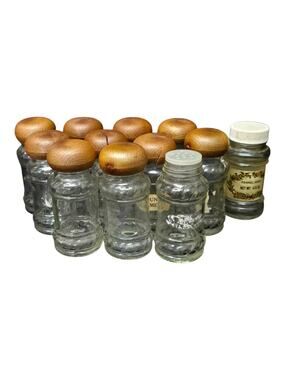 Vintage Glass Spice Bottles Shaker Jars With Faux Wood Lids Lot Of 12
